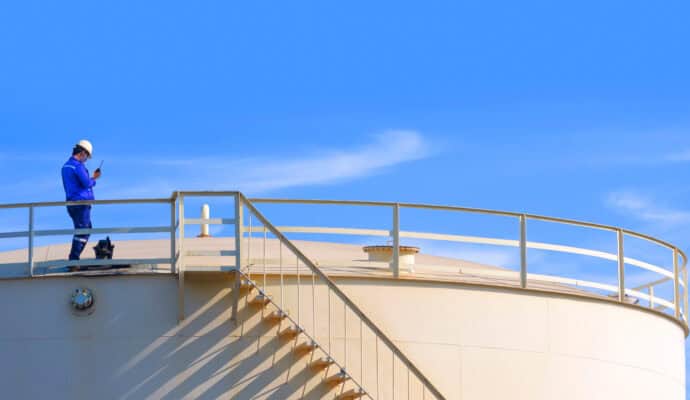 Engineer using walkie talkie while working to check oil quality on top of fuel storage tank against blue sky background