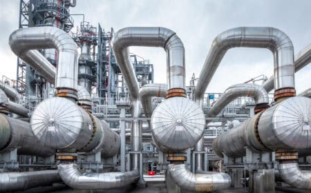 heat exchanger in an oil refinery, large size, daylight