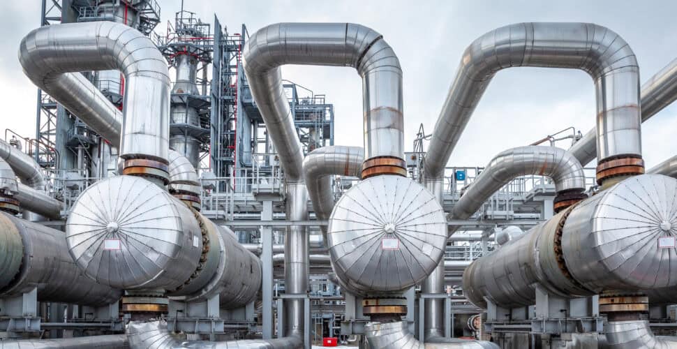 heat exchanger in an oil refinery, large size, daylight
