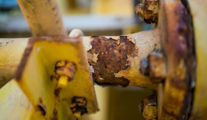 Close up of corroded steel pipe, corrosion of steel, general corrosion, offshore petroleum pipelines.