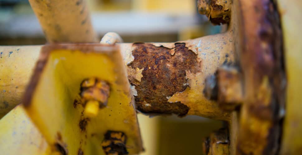 Close up of corroded steel pipe, corrosion of steel, general corrosion, offshore petroleum pipelines.