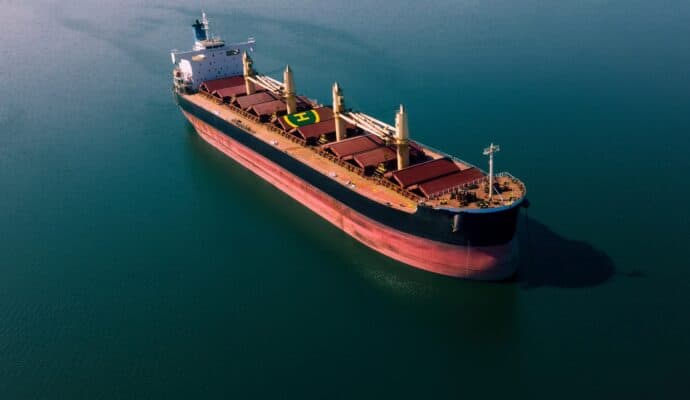 Shipping cargo to harbor by ship. Water transport International. Aerial view