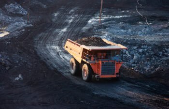 coal preparation plant. Big mining truck at work site coal trans