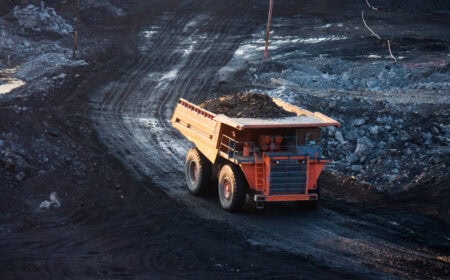 coal preparation plant. Big mining truck at work site coal trans