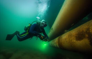 Pipeline underwater. Diver inspection. Natural Gas Pipeline underwater. Construction Gas Pipeline undersea. Natural Gas and Crude oil pipe undersea. Transit petrochemical pipe undersea. Ai Generative