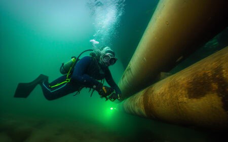 Pipeline underwater. Diver inspection. Natural Gas Pipeline underwater. Construction Gas Pipeline undersea. Natural Gas and Crude oil pipe undersea. Transit petrochemical pipe undersea. Ai Generative